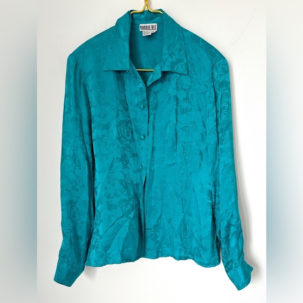 Vintage Robbie Bee Teal Blue 100% Silk Button Front Long Sleeve Top Womens Small